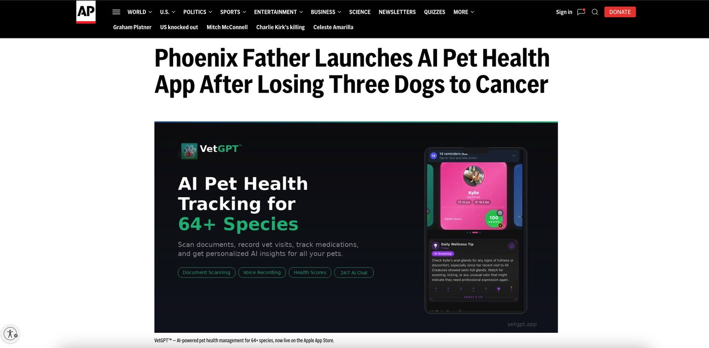 VetGPT feature on AP News: Phoenix father launches AI pet health app after losing three dogs to cancer